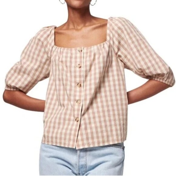 Faherty Cali Check Puff Sleeve Beige Gingham Organic Cotton Top Size Medium NWT - Picture 1 of 9